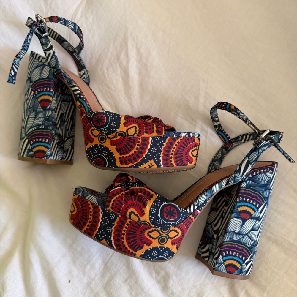 Platform Ankle-Strap Heels in Multicolor Boho Print